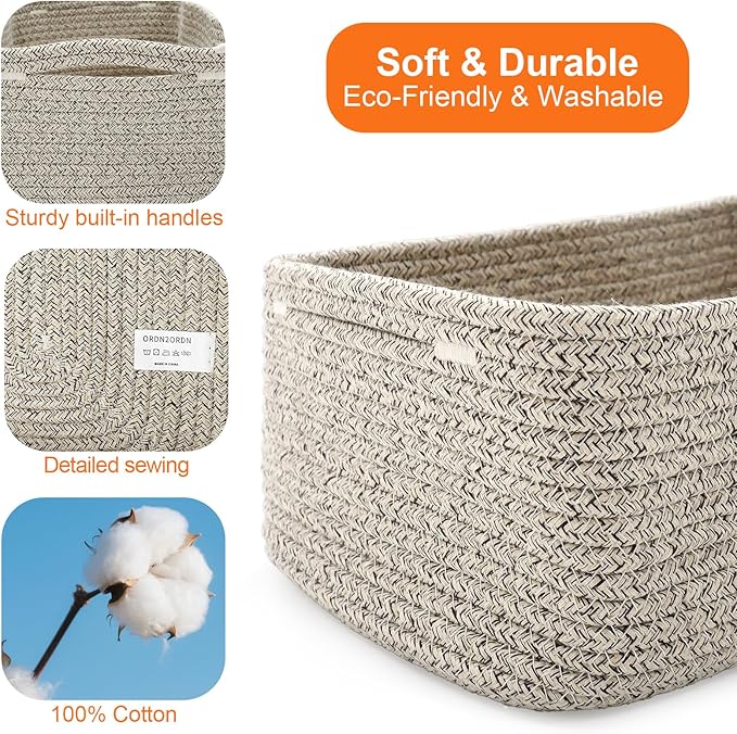 Ordn2Ordn Small Storage Baskets for Organizing, Woven Storage Bins for Shelves, Empty Gift Basket, Cute Decorative Closet Organizer, Baby Rope Basket, Dog Toy Storage, 11x7.5x4.5”, 3-Pack Mixed Brown