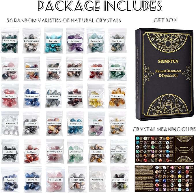 Polished Healing Crystal Stones Set – 36 Different Natural Gemstone Types, 2.5 lbs of 0.5" Tumbled Decorative Rocks Collection for Chakra, Meditation, Reiki, Energy Work, Crafts, Gifts