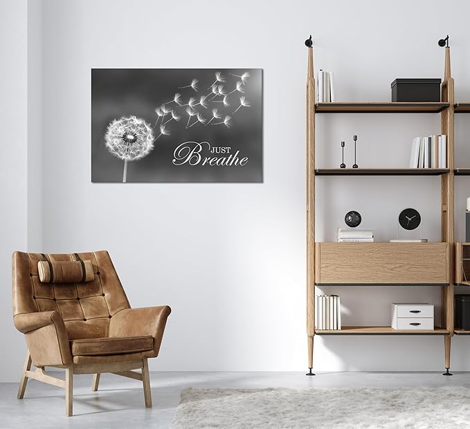 SKASNFAI Black and White Dandelion Zen Wall Art Canvas Just Breathe Motivation Positive Picture Art Print for Spa Yoga Meditation Wall Decor Ready to Hang (28L x 44W)
