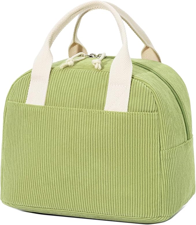 LOVELYWIND Insulated Lunch Bag for Women Men, Stylish Corduroy Tote Bag with Aluminum Lining, Large Capacity Reusable Cooler for Work, Travel, or Beach, Guacamole Green Lunch Box