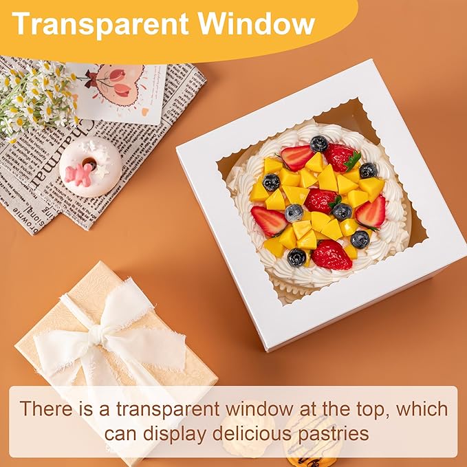 3 Pack Cake Boxes 10 Inch, 10x10x8 Inches Tall Cake Large Box, Disposable Cakes Transport Containers with Lids, Bakery Boxes with Large Window, for Cookies Pies Cupcakes Pastry-Wedding,Birthday, Party