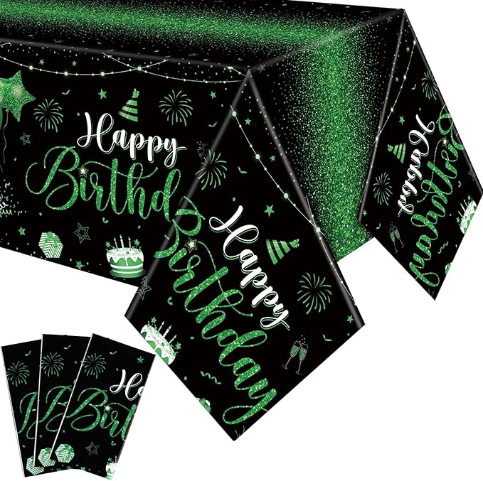 Tudomro 3 Pcs Happy Birthday Tablecloths Happy Birthday Party Decorations Plastic Table Cover Rectangular Cloths for Women Men Baby Shower Party Supplies, 108 x 54 Inch (Black Green)