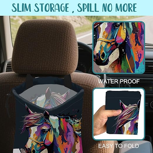 KXWQTRDD Car Garbage Bag Abstract Colorful Horse Drawstring Car Trash Bag Hanging for Back Seat with Adjustable Buckle Canvas Vehicle Trash Can Easy-to-Install