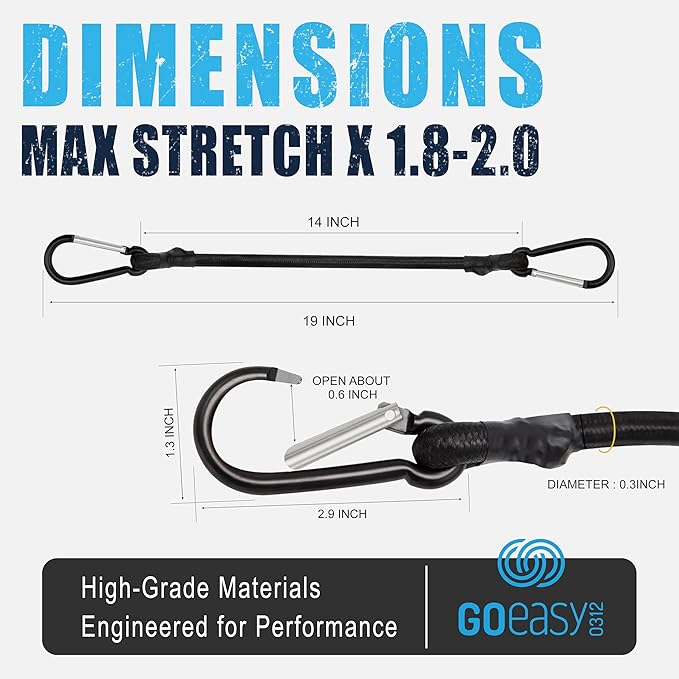 GOEASY0312 Carabiner Bungee Cords with Hooks Heavy Duty - 18" Elastic Bungee Cords With Carabiner Hooks 200 LBS Max Break Strength, UV Resistant for Camping, Tarps, Bike Rack, Tent, Car - 4pcs (Black)