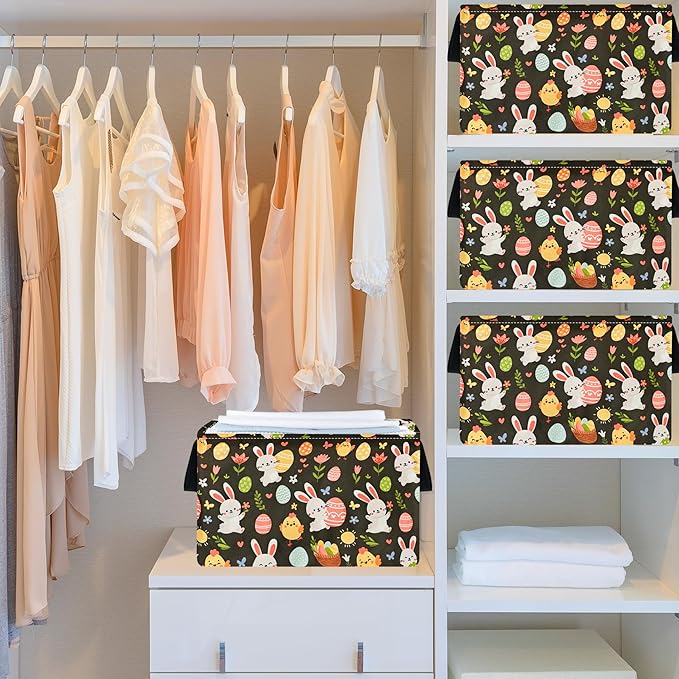 MAIZMZ Easter Storage Basket Eggs Bunny Flower Gifts Cube Waterproof Storage Bins Organizer,Foldable Closet Shelf Baskets with handles for Women,Nursery Hamper Toys Box,Room Decorations