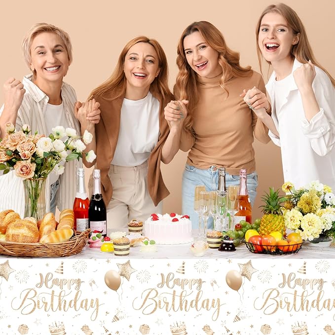 Tudomro 3 Pcs Happy Birthday Tablecloths Happy Birthday Party Decorations Plastic Table Cover Rectangular Cloths for Women Men Baby Shower Party Supplies, 108 x 54 Inch (Champagne)