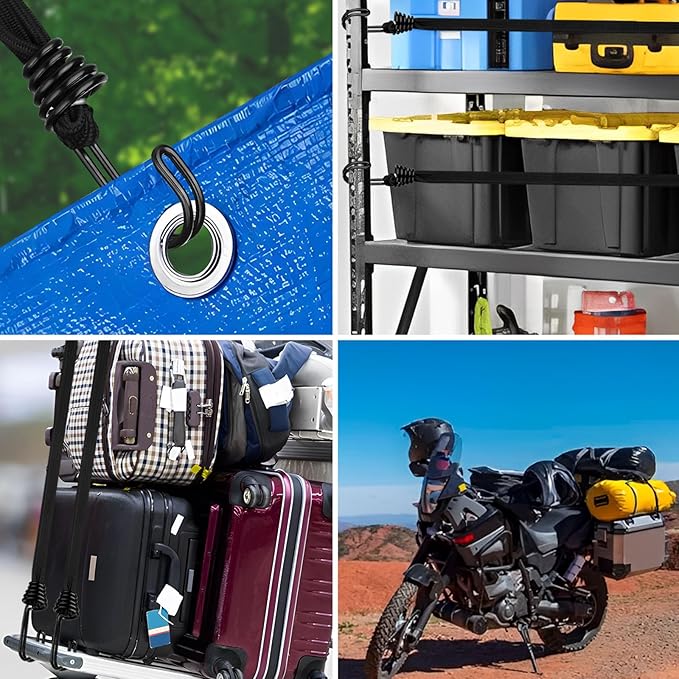 Bungee Cords with Hooks Heavy Duty, Flat Extra Strong Outdoor Bungee Straps, Secure Load Distribution Industrial Grade Bungee Rope for Securing Luggage, Tarps, Tents (Black, 36inch6pcs + 72inch2pcs)