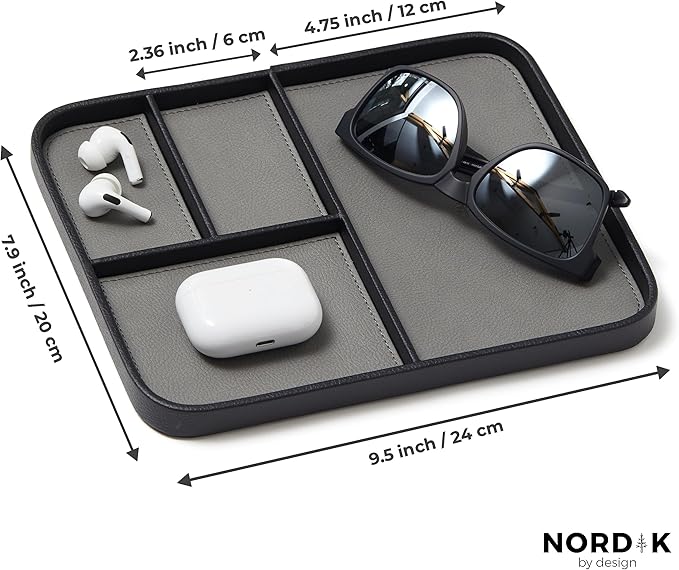 Nordik By Design Leather Valet Tray - Pebble Black Premium Vegan Stylish and Organized Nightstand for Men EDC Catchall Keys, Watch, Wallet, Jewelry Modern Bedside Caddy