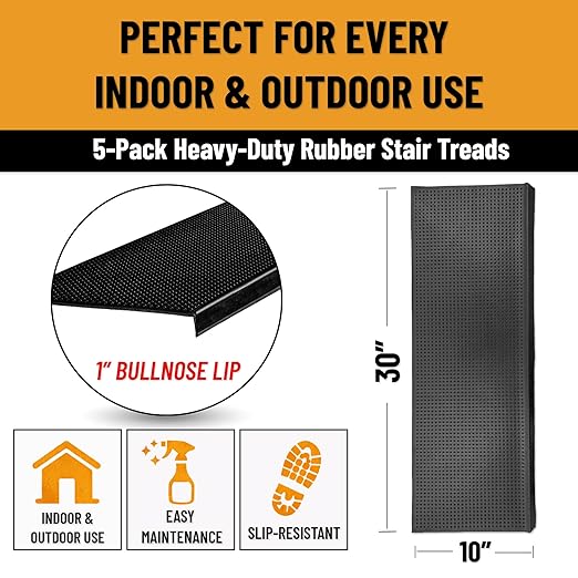 Ottomanson Outdoor Bullnose Stair Treads – Dots Heavy-Duty Non Slip Stair Mats – Strong Grip for Concrete, Brick & Textured Steps – Requires Fastening on Wooden & RV Steps, Pack of 5