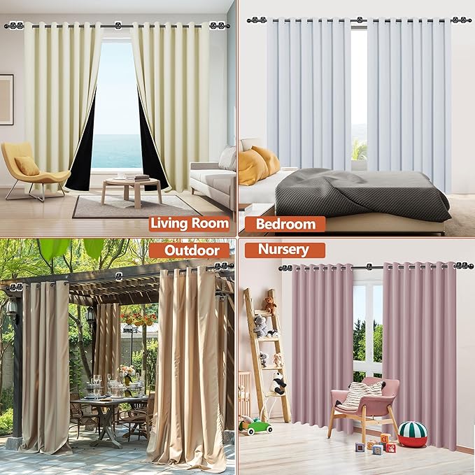 Curtain Rods No Drilling for Windows, 5/8 Inch Diameter Drapey Pole with No Drill Curtain Rod Brackets (2PCS Black, 48 to 84")