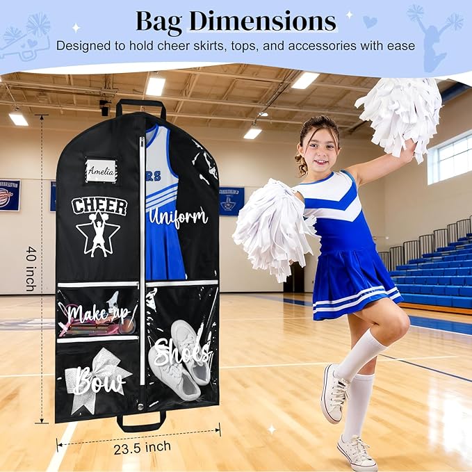 DEEKA Cheer Garment Bag for Hanging Clothes with Zipper Pockets Cheer Accessories Mom Essentials Uniform Costume 40 Inch Black Bags Stuff for Cheerleading Girls (Black,White-Cheer Star Logo)