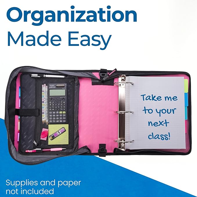 Case-it Mighty Zip Tab Zipper Binder, 3" O-Ring with 5-Color tabbes, Expanding File Folder and Shoulder Strap and Handle, D-146-Light Pink
