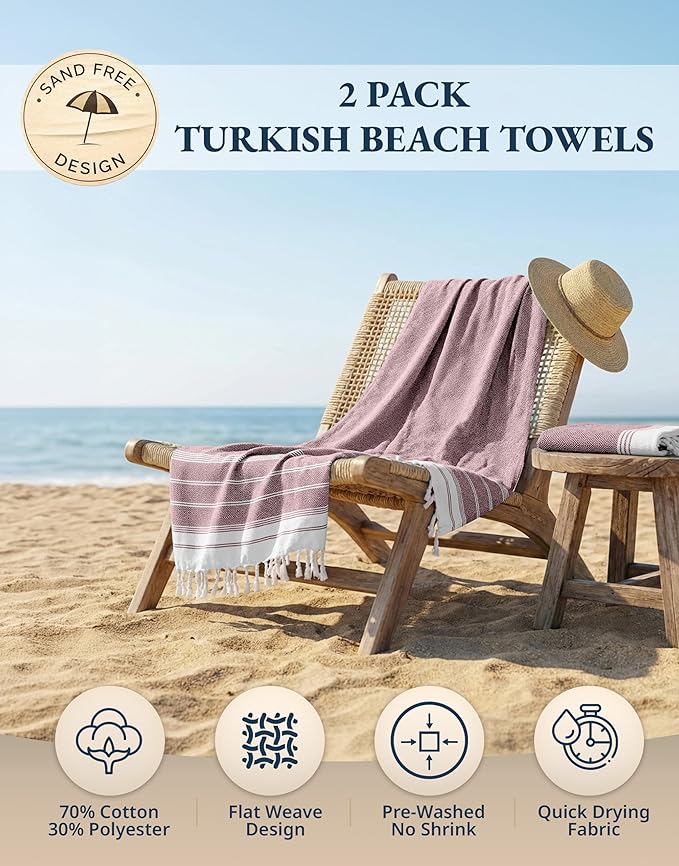 LANE LINEN Beach Towels for Women, 2 Pack Large Beach Towels Oversized, Pre-Washed, No-Shrink Sand Free, Quick Dry, Lightweight Travel Towel, Soft Beach Bath Towel, 39"x71" - Fired Brick