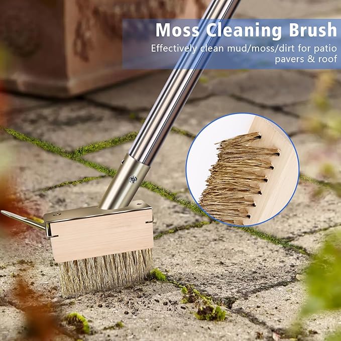 Moss Grout Remover Brush Tool with Detachable 64.9Inch Handle for Outdoor Concrete Deck Pavers Patios Walkways Crevice Cleaning, 2 Pcs Metal Wire Brush Heads with Crack Scraper Weeder Puller