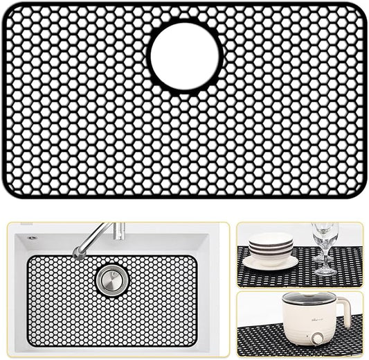 Silicone Sink Protectors for Kitchen Sink with Rear Drain - 26"x 14" Kitchen Protector Accessory, Non-Slip Heat Resistant Grid Mat for Bottom of Farmhous Stainless Steel (Rear Hole, Black)