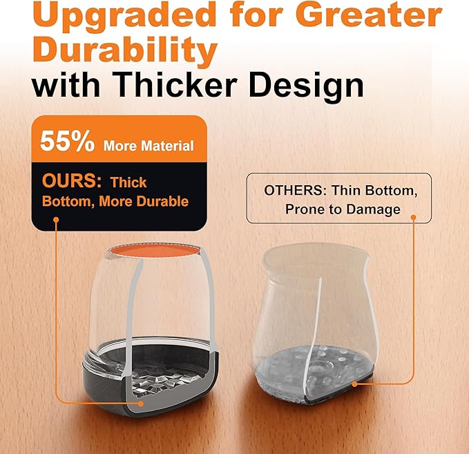 Chair Leg Floor Protectors for Hardwood Floors – Smooth Nylon Base Won’t Trap Cat or Dog Hair, Clear Silicone Caps No Scratch & Silent on Carpet & Tile (16 Pack, Fits 1-1/8" to 1-9/16")