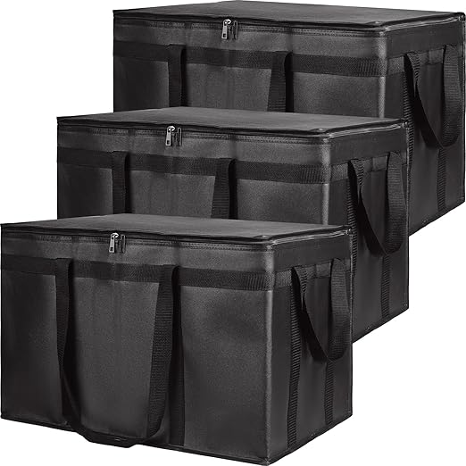 Insulated Food Delivery Bag, XXXL Insulated Reusable Grocery Cooler/Hot Bags, Tote Bag for Shopping/Travel, Catering Bag 22x14x13, Black, 3-Pack