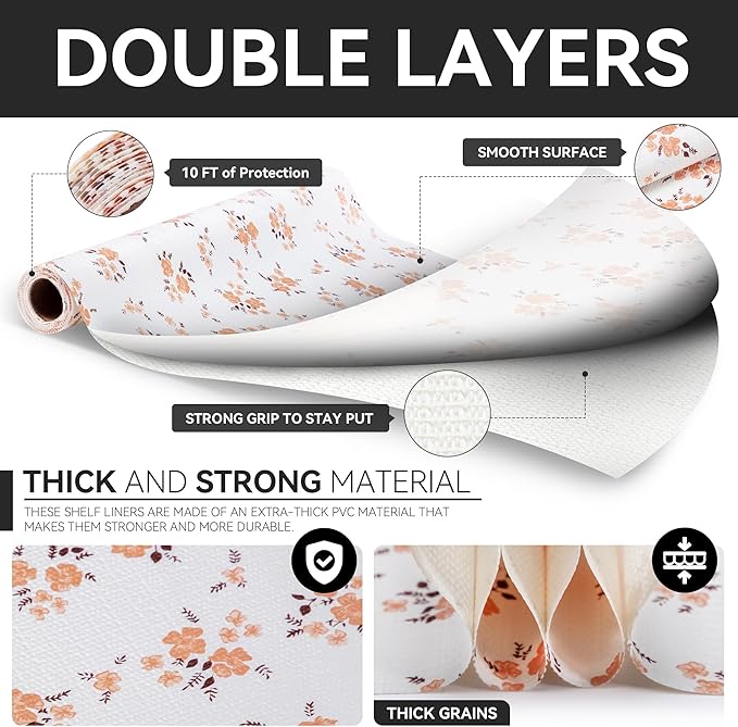 RAY STAR Shelf Liner, Non Adhesive Pink Orange Floral Printed Kitchen Cabinet Liner for Pantry Drawer Vanity, Strong Grip Non Slip, Shelf Liners for Kitchen Cabinets Cupboard 12 Inch x 10 FT (4 Rolls)