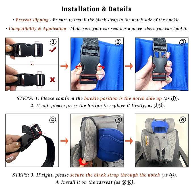 Adjustable Toddler Car Seat Head Support Band, Car Seat Straps Cover, Safety Car Seat Neck Relief, Infants and Baby Head Support, Blue