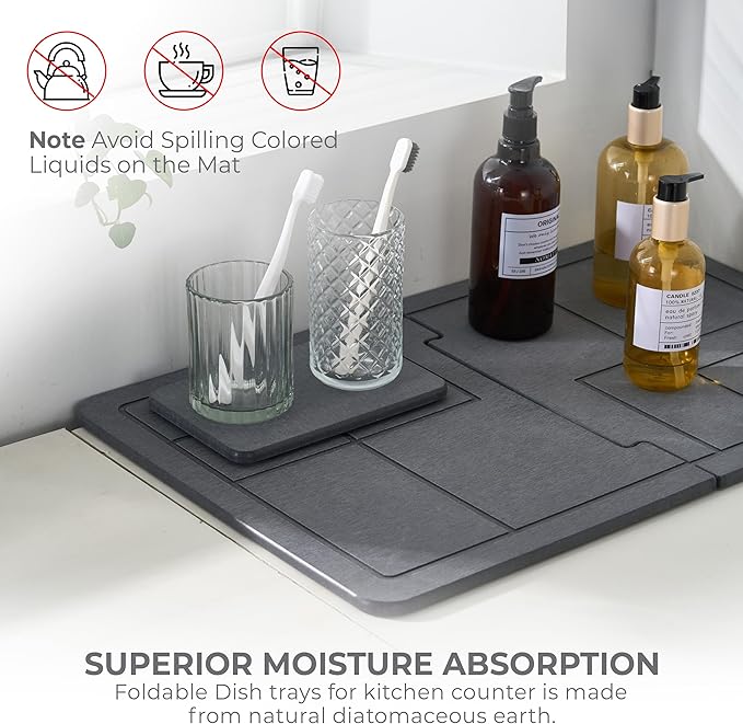 Large Stone Dish Drying Mat for Kitchen Counter, 2PCS Stone Drying Mat for Kitchen Counter, Detachable Water Absorbing Diatomaceous Earth Drying Pad for Bottles Dish Cups(Dark Gray 24"×16" & 8"x5")
