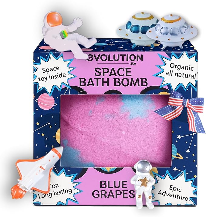 EvolutionUSA 1pc Space Bath Bomb for Boys & Girls, Planet Bath Ball with Toy Hidden Inside, Organic Hypoallerganic Childrens Bathbomb, Cosmic Fun Space Surprise, Gift Set Birthday, Christmas, Easter