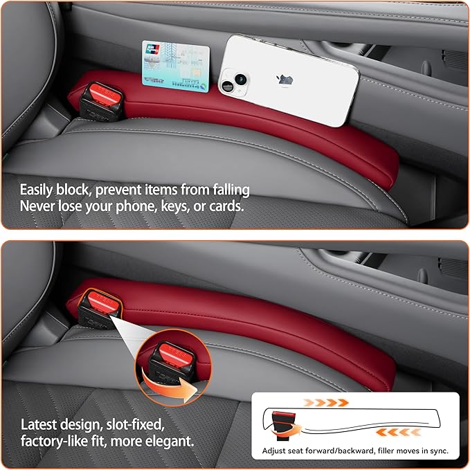 POKSRI Car Seat Gap Filler, 2 Pack Leather Gap Organizers Stop Things from Dropping into The Gap Between Seat and Console, Adjustable Width 1.4-2.4 Inches Fits Most Car/Truck/SUV, Accessories (Wine)
