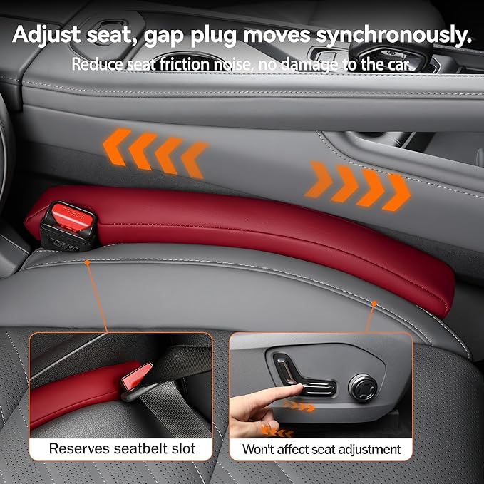 POKSRI Car Seat Gap Filler, 2 Pack Leather Gap Organizers Stop Things from Dropping into The Gap Between Seat and Console, Adjustable Width 1.4-2.4 Inches Fits Most Car/Truck/SUV, Accessories (Wine)