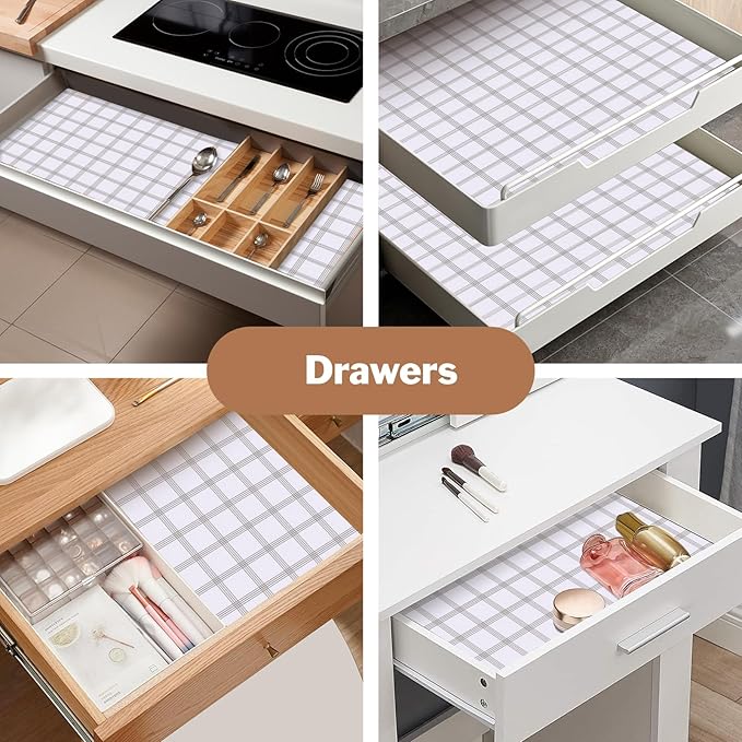 Shelf Liners for Kitchen Cabinets 12in x 10FT, Non Adhesive Drawer Liner White Square Thickened Shelf Liner Non-Slip Easy to Clean for Tool Box Refrigerator with Knife and Tape Measure
