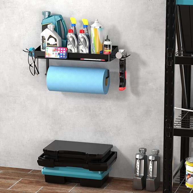 YIGII Wall Mount Paper Towel Holder with Shelf and Phone Stand, Garage Stainless Steel Paper Towel Rack with 4 Hooks for Shop Organization and Storage (Black)