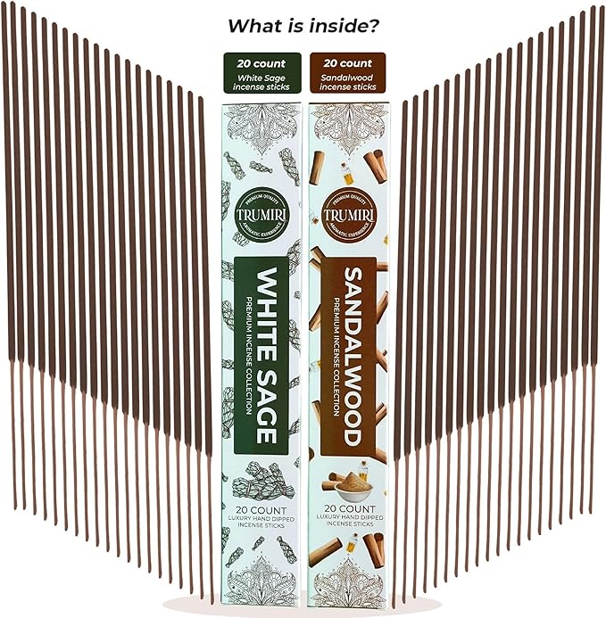 Trumiri Incense Sticks - Combo Pack of 40 Insence-Sticks - 20 White Sage + 20 Sandalwood - Insenses - Insents - Incents - Inscense - Incence - Incienso - All Natural Incense Sticks