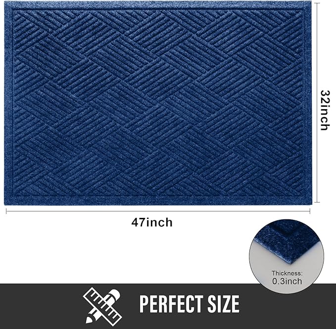 Sturdy Front Door Mat, Absorbent Muddy Dirt Resist Welcome Door Mats Outdoor Indoor, Stain and Fade Resistant, Non-Slip Rubber Backing Low Profile Doormat for Entryway, 47×32, Blue