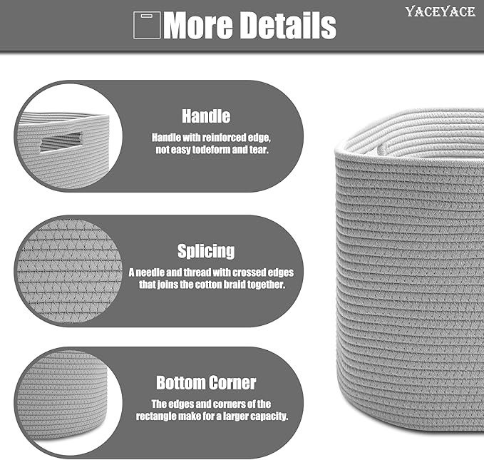 YACEYACE Fabric Bins Cube, 3 Pack Storage Cubes Organizer for Toy, Closet, Foldable Baskets for Shelves, Rope Baskets with Handles, 15''Lx10''Wx9''H