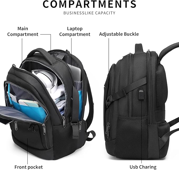 DUSLANG Anti-Theft Laptop Backpack, Black, 15.6-14-13 Inch Laptop Sleeve, USB Charging Port and Black TSA Lock