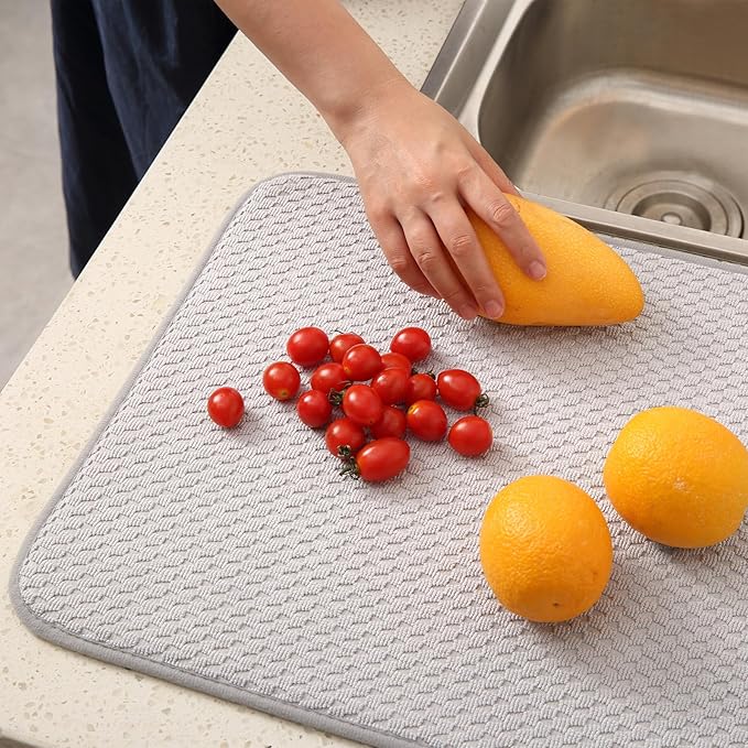 VESHE 2 Pack Microfiber Dish Drying Mat for Kitchen Counter, Ultra Absorbent Dish Drainer Mat, Dish Drying Pad, Dish Rack Mat 20×15 Inch (Silver Gray)