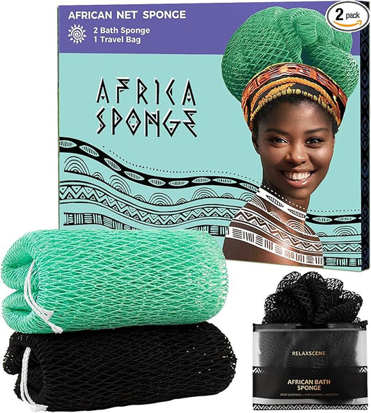 African Exfoliating Net Sponge Black & Seawave - 2 Pack Real African Net Authentic - Body Wash Scrubber for Shower Bath - Africa Bath Sponges for Men Back Scrubber Shower Accessories