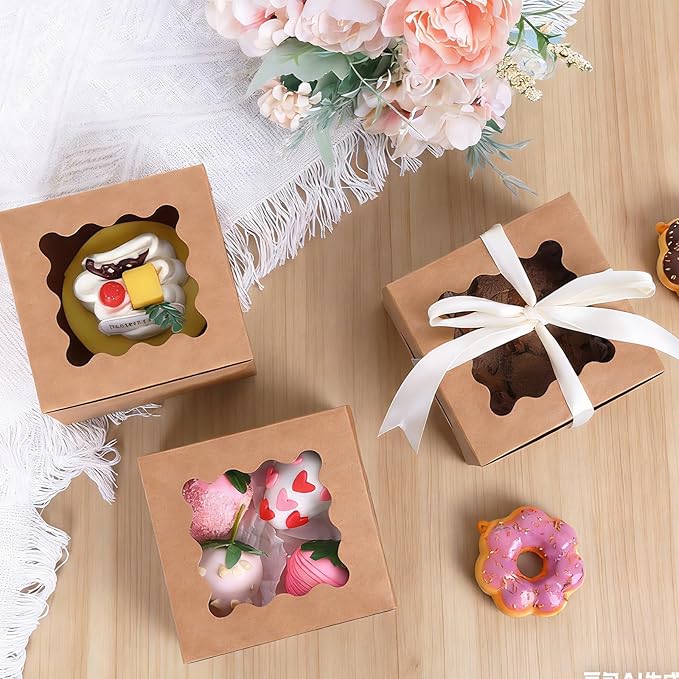 Moretoes 200pcs Cookie Boxes with Window,4x4x2.5 Inch Small Bakery Boxes, for Small Cake, Treats, Donuts, Candy (Brown)