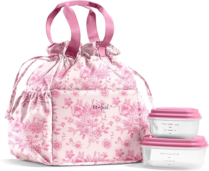 Fit & Fresh Cromwell Drawstring Lunch Bag for Women, Complete Lunch Set with 2 Containers, Stain-Resistant, Leak-Resistant, Back to School Essential, Teacher Lunchbox, Pink Floral Toile