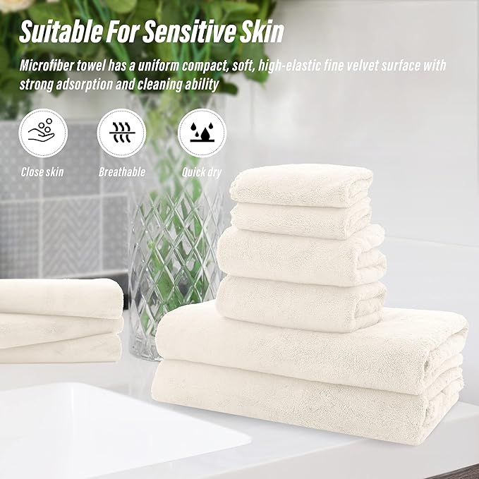 MOONQUEEN Ultra Soft Towel Set-Quick Drying - 2 Bath Towels 2 Hand Towels 2 Washcloths-Microfiber Coral Velvet Highly Absorbent Towel for Bath Fitness,Bathroom,Sports,Yoga, Travel(Cream, 6 Pcs)