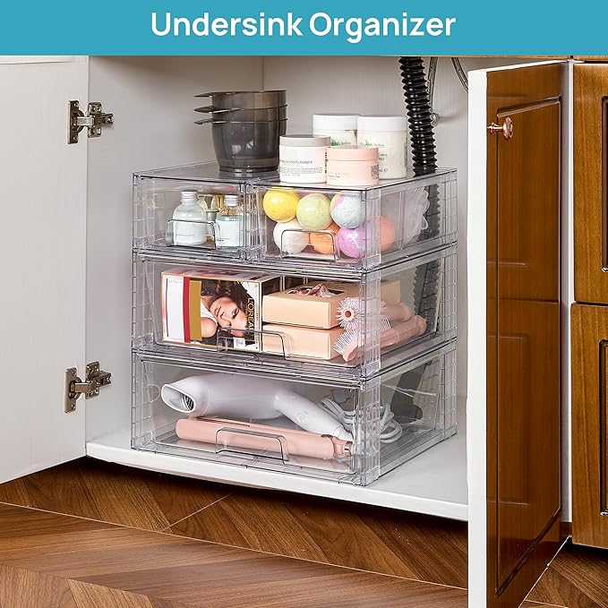 Vtopmart Clear Stackable Storage Drawers Set of 6, Easily Assemble Acrylic Bathroom Undersink Organizers, Plastic Storage Bins for Closet, Cabinet, Pantry, Medicine Organization