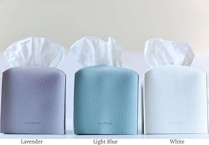 Tissue Box Cover Holder, Square with Bottom Belt by Carrot's Den - PU Leather Decorative Organizer for Tabletop, Bathroom, Car, Office (Light Blue)