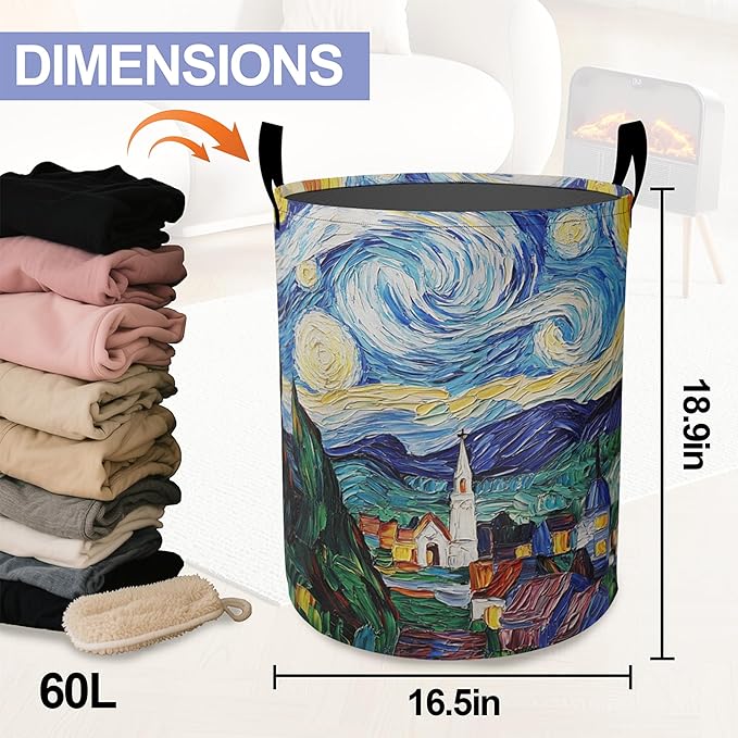 Retro Watercolor Village Laundry Basket-Large Foldable Hamper Holder Portable Tall Collapsible Laundry Hamper Storage Basket Bin with Handles, Canvas & Waterproof lining for Household Items