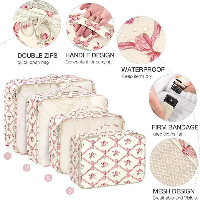 8 Set Packing Cubes for Suitcases, Packing Cube with Shoe, Cosmetics, Clothing, and Accessories Bags, Packing Cubes for Travel, Luggage Organizer for Women and Men (Bow Flowers)