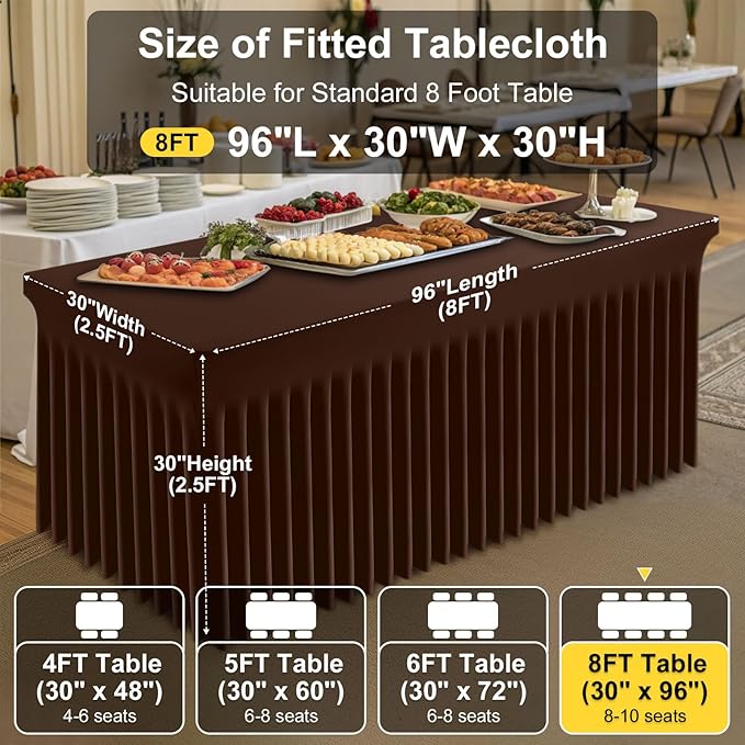 Smiry Spandex Tablecloth 2 Pack, Elastic Fitted Stretch Tablecloth for 8FT Rectangle Tables, Waterproof Washable Table Cover Skirt for Wedding, Banquet & Parties (Coffee, 96Lx30Wx30H Inch)