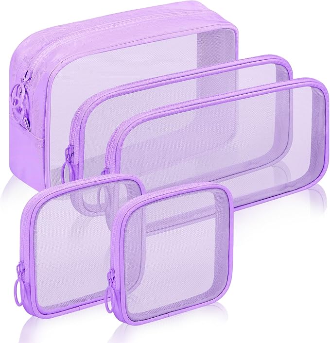 5 Pieces Mini Zipper Nylon Mesh Pouch, Mesh Cosmetic Bags Makeup Bags, Multipurpose Travel Toiletry Bags for Office Supplies and Travel Accessories (Purple, Assorted Sizes)