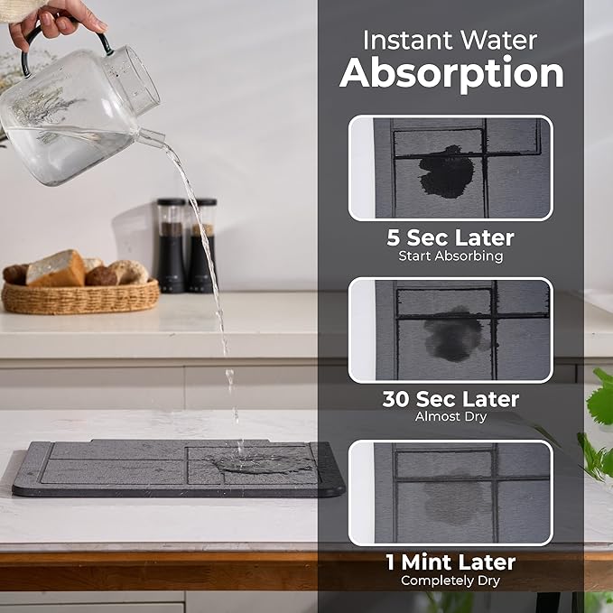 Large Stone Dish Drying Mat for Kitchen Counter, 2PCS Stone Drying Mat for Kitchen Counter, Detachable Water Absorbing Diatomaceous Earth Drying Pad for Bottles Dish Cups(Dark Gray 24"×16" & 8"x5")
