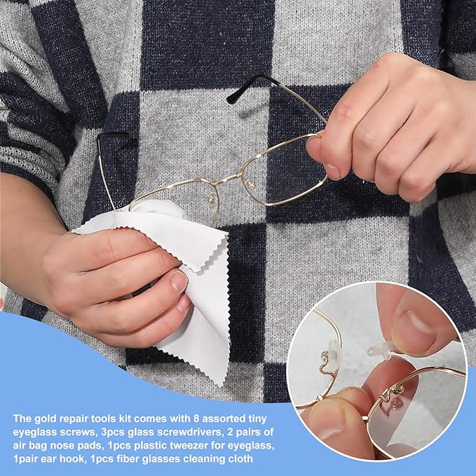 Gold Eyeglass Repair Tool Kit Eye Glass Repair Kit Eye Glasses Repairing Screwdriver Set with Eyeglass Screws, Nose Pads, Small Screwdriver, Tweezers for Glasses Sunglasses Watch Clock Repair