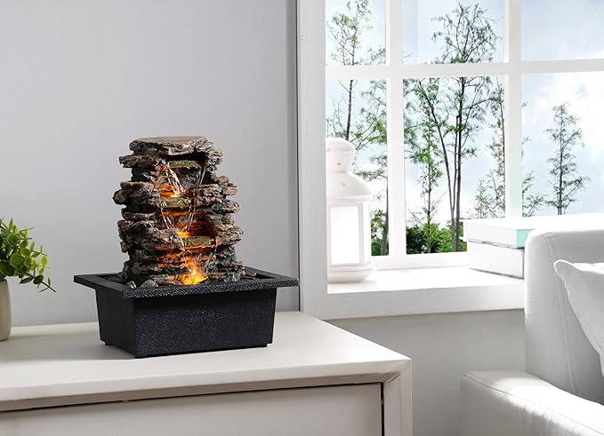 Tabletop Water Fountain, Home Décor Soothing Sound Machine with Automatic Pump, Deep Basin and Natural River Rocks. Indoor Zen Relaxation for Office, Living Room, or Bedroom Décor.