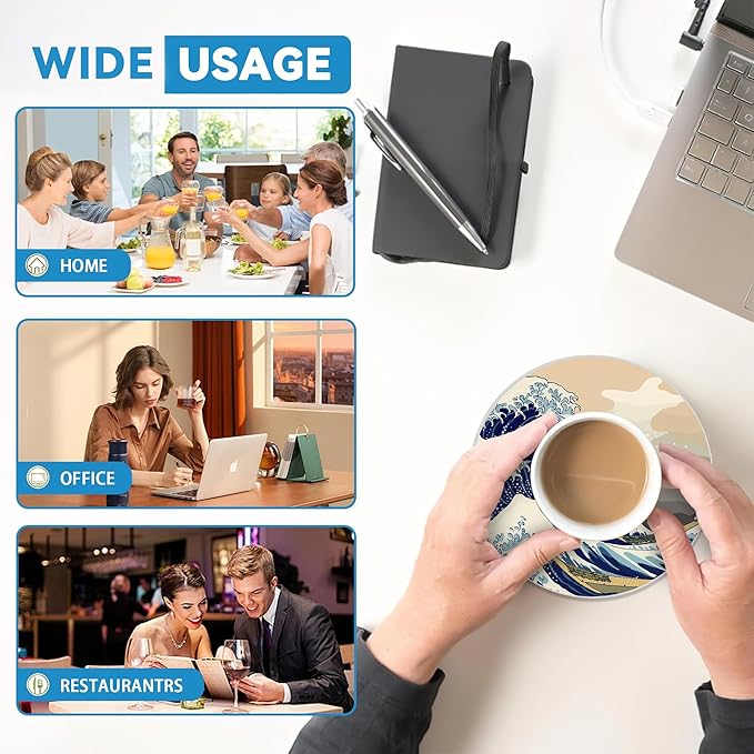 Japanese Style Waves Round 4" Cup Coasters Set of 4, Absorbent Ceramic Coasters with with Cork Backing, Table Home Decor, Gifts for Women Men