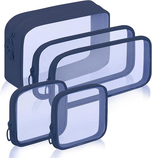 5 Pieces Mini Zipper Nylon Mesh Pouch, Mesh Cosmetic Bags Makeup Bags, Multipurpose Travel Toiletry Bags for Office Supplies and Travel Accessories (Navy Blue, Assorted Sizes)