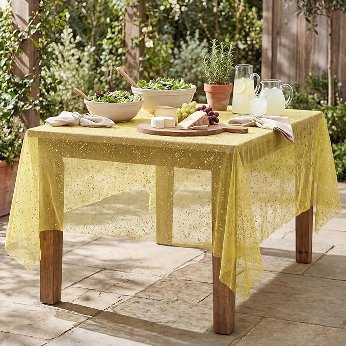 Horaldaily Yellow Gauze Tablecloth 60x140 Inch Rectangular, Golden Sequin Glitter Metallic Foil, Sheer Tulle Cheesecloth for Wedding Baby Shower Ceremony Birthday
